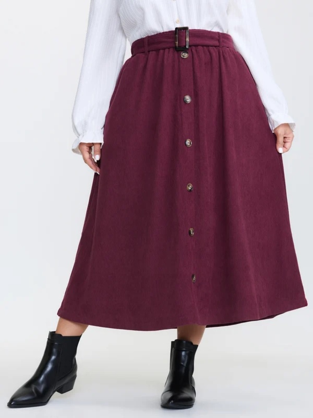 BloomChic Button-Front Corduroy Midi Skirt in Wine